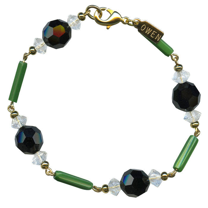 Jade Czech glass and jet crystal bracelet from Owen Glass Collection featuring round beads in elegant design.