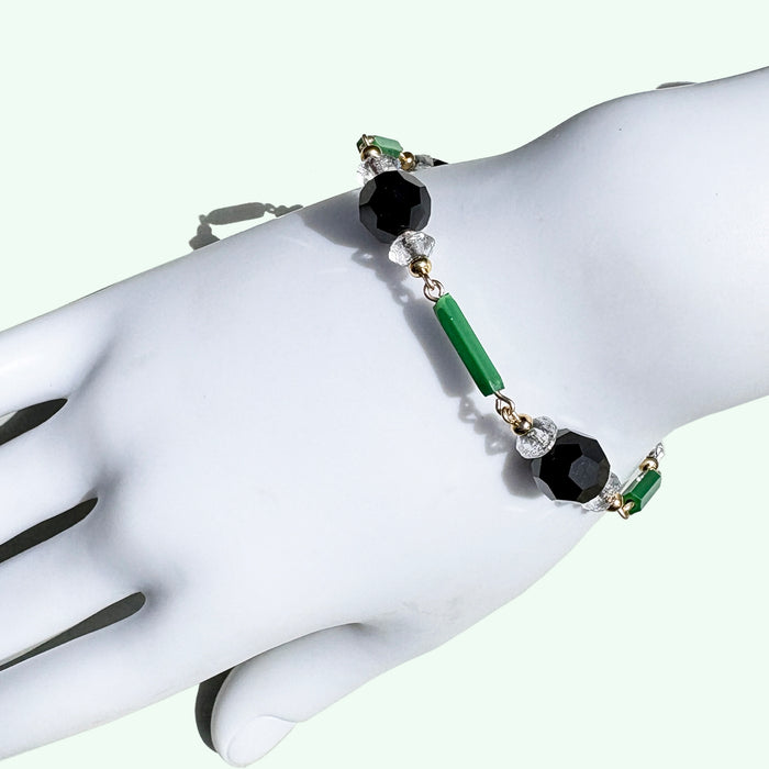 Jade and jet crystal bracelet from Owen Glass Collection featuring green jade and black jet glass beads.