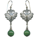 Jade green Czech glass earrings with silver filigree design from Owen Glass Collection, elegant jewelry for special occasions.