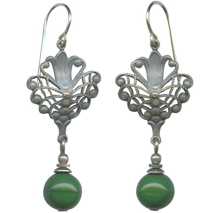 Jade green Czech glass earrings with silver filigree design from Owen Glass Collection, elegant jewelry for special occasions.