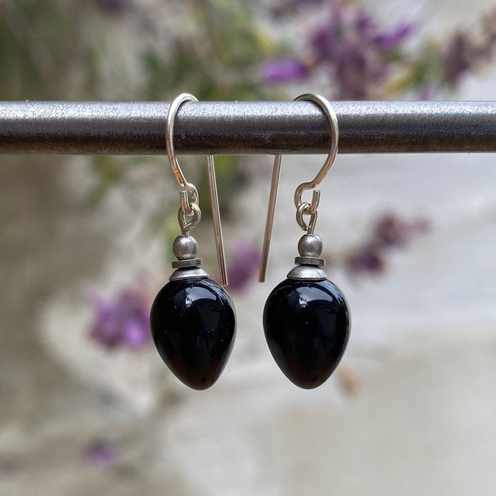 Jet black German glass dangle earrings from Owen Glass Collection featuring mini berry design.