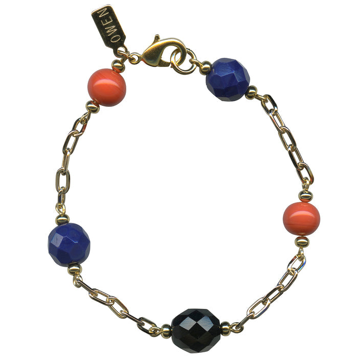 Cobalt and coral Czech glass bracelet from Owen Glass Collection with jet accents, featuring intricate beadwork on a stylish bracelet.