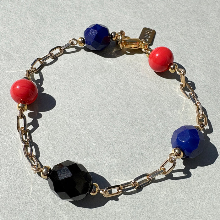 Cobalt and coral Czech glass bracelet with jet accents from Owen Glass Collection, featuring a stylish beaded design.