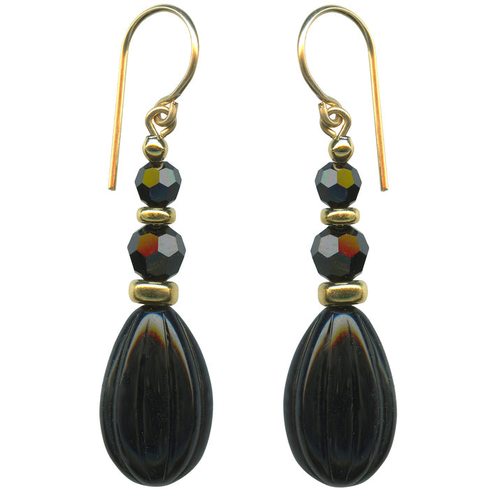 Owen Glass Collection 834 jet glass and crystal dangle gold earrings with elegant hanging design and sparkling accents.