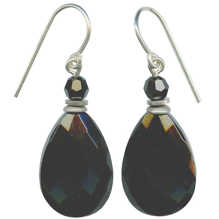A pair of teardrop-shaped black faceted drop earrings with small black beads and silver French hook wires, shown against a plain white background.