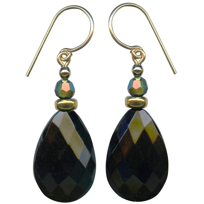 A pair of teardrop-shaped drop earrings with faceted dark iridescent beads and gold filled ear wires, shown on a plain white background.