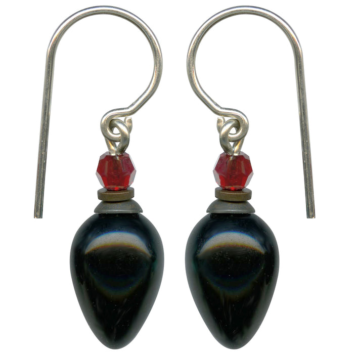 Owen Glass Collection Jet Glass and red crystal dangle earrings with plum-shaped design, elegant jewelry for special occasions.