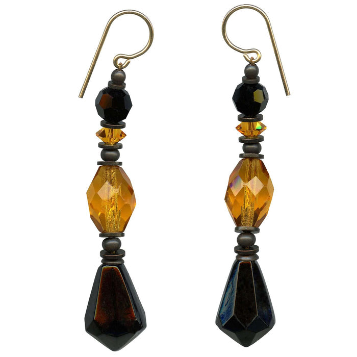 Owen Glass Collection 66-inch jet and topaz glass and crystal dangle earrings with intricate design and sparkling accents.