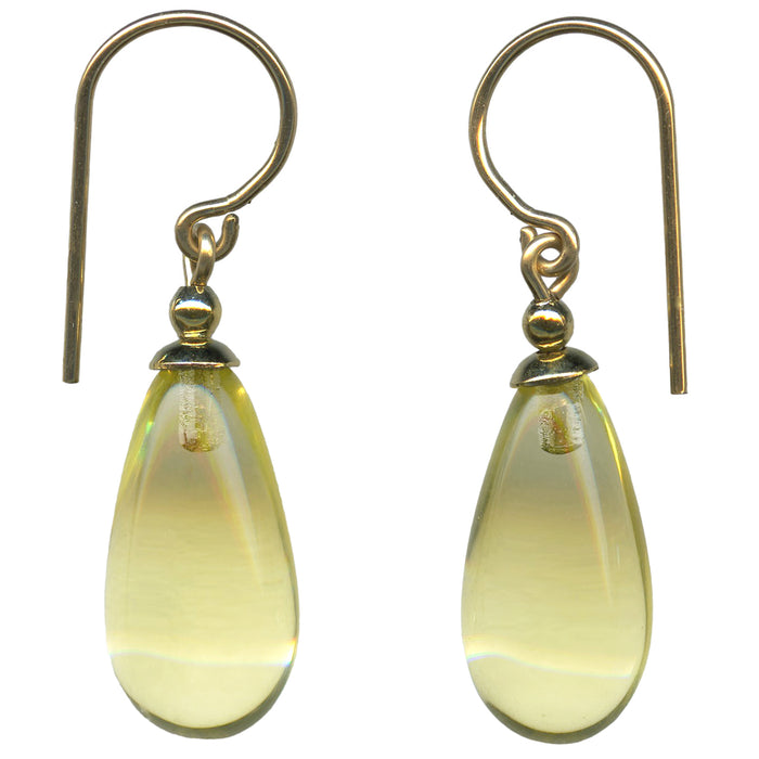 Jonquil yellow German glass and 14k gold-filled dangle earrings from Owen Glass Collection, featuring bright yellow glass beads.