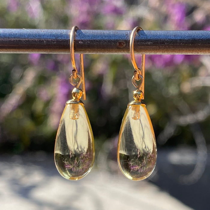 Jonquil yellow German glass and 14k gold-filled dangle earrings from Owen Glass Collection, featuring bright, vibrant glass beads.