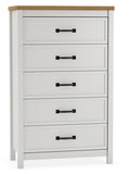 Kerisden White/Brown Five Drawer Chest - Brand New
