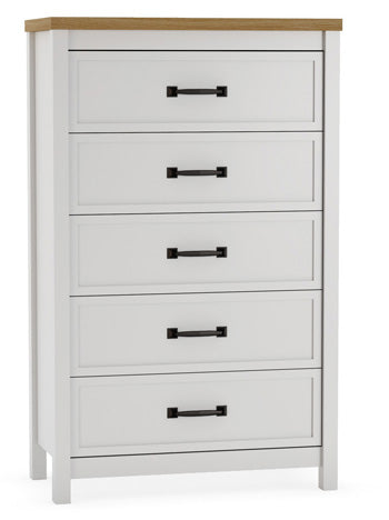 Kerisden White/Brown Five Drawer Chest - Brand New