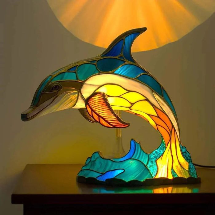 MEELANO Kunstlampe I Glasmosaik Med 20 Unikke Dyreprints Til Stuen Varm Atmosfære Og Farvespil Delfin