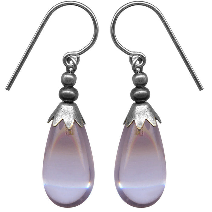 Light amethyst German glass drop earrings with silver accents from Owen Glass Collection, showcasing elegant, dangling jewelry design.