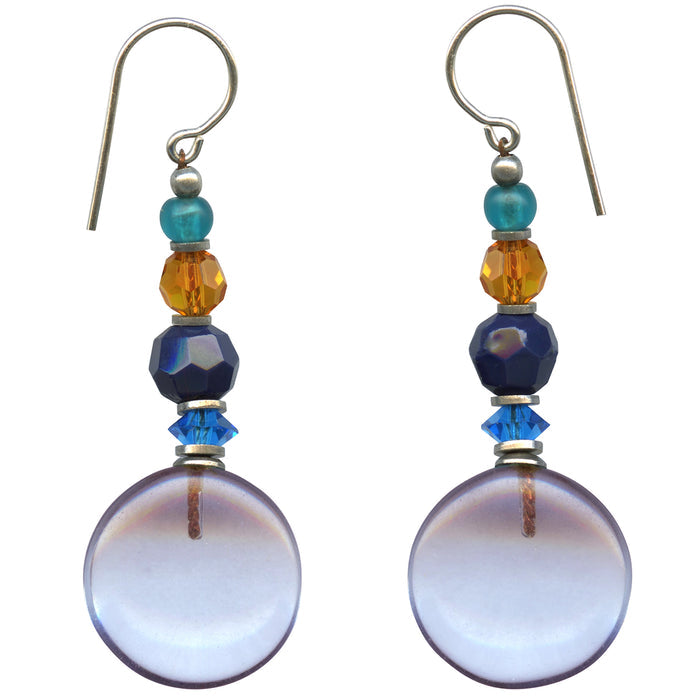 Light amethyst glass and crystal drop earrings from Owen Glass Collection, featuring a mosaic design with elegant hanging drops.