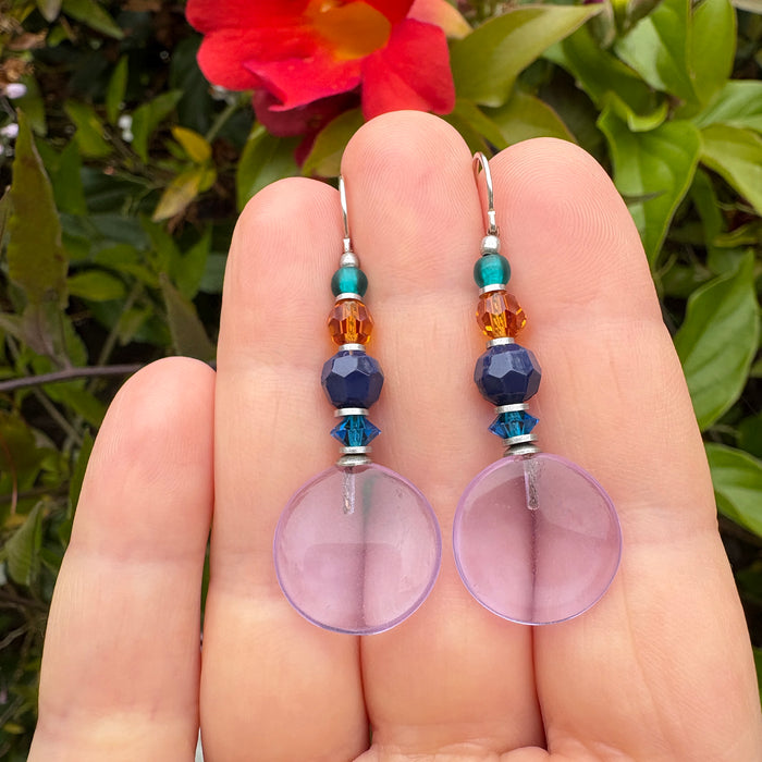 Light amethyst glass and crystal drop earrings from Owen Glass Collection, featuring mosaic design and elegant craftsmanship.