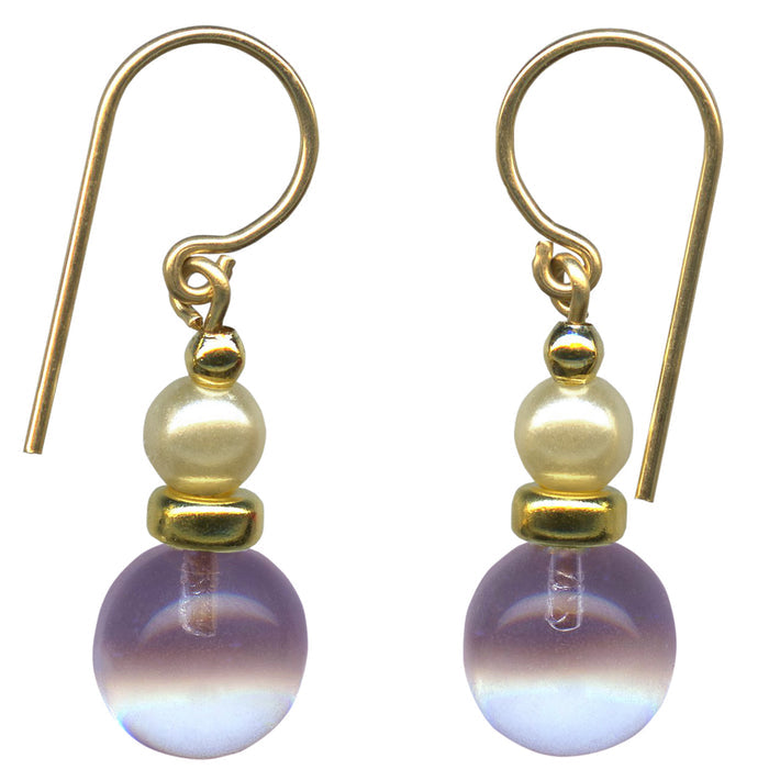 Light amethyst glass and pearl drop earrings from Owen Glass Collection featuring bubble-inspired design.