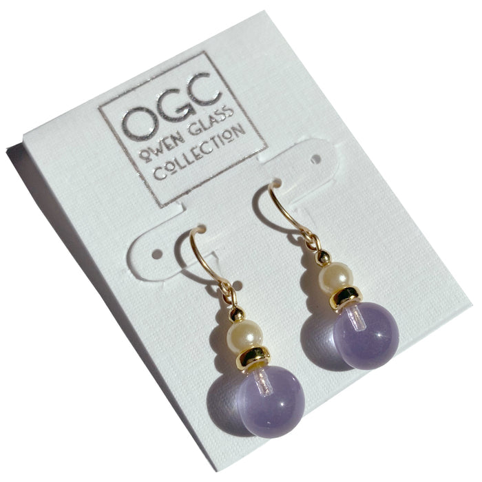 Light amethyst glass and pearl drop earrings from Owen Glass Collection featuring delicate bubble designs and elegant dangle style.