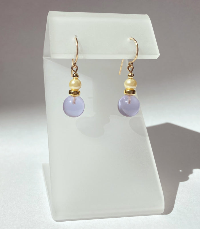 Light amethyst glass and pearl drop earrings with bubble design from Owen Glass Collection, featuring elegant hanging jewelry.