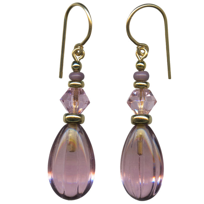 Light amethyst glass earrings with gold trim from Owen Glass Collection, showcasing elegant, rounded earring design.