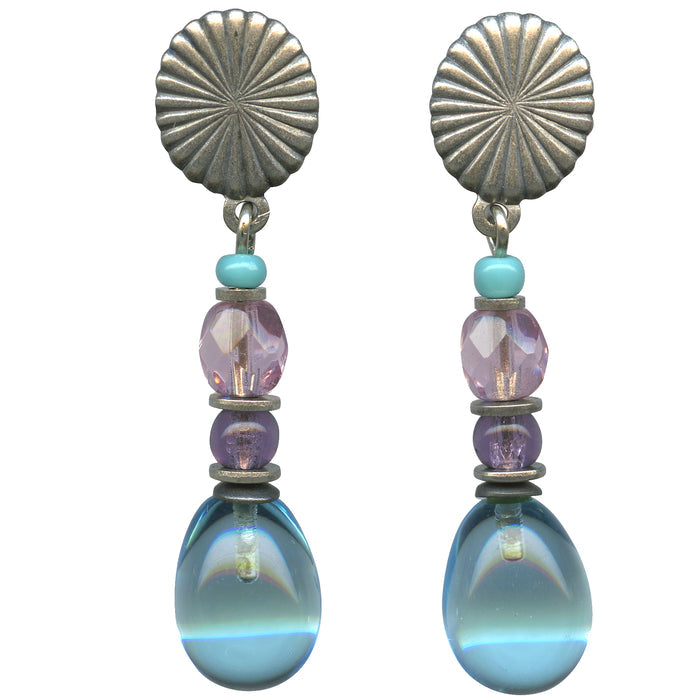 Light blue glass post earrings with wave design from Owen Glass Collection, showcasing smooth, polished glass with a sleek finish.