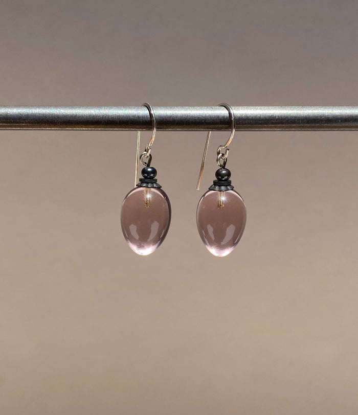 Light mauve German glass drop earrings with berry-shaped design from Owen Glass Collection, featuring elegant, translucent glass drops.