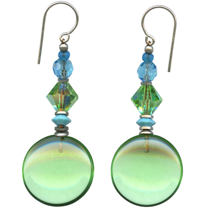 Light peridot glass and turquoise crystal drop earrings from Owen Glass Collection featuring mosaic-style design.