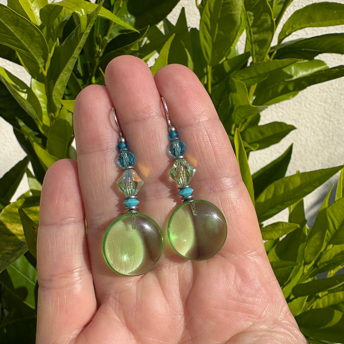 Light Peridot glass and turquoise crystal drop earrings from Owen Glass Collection featuring mosaic design and elegant craftsmanship.