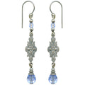 Elegant "GRACE 1" Owen Glass Collection earrings featuring light sapphire crystal and intricate filigree design.