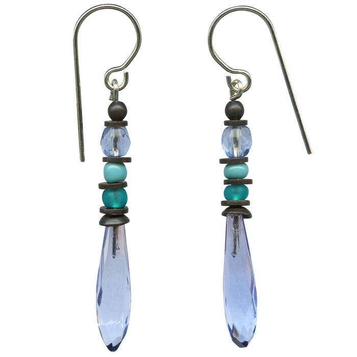 Light sapphire and turquoise antique Czech glass prism drop earrings from Owen Glass Collection, featuring delicate, faceted glass drops.
