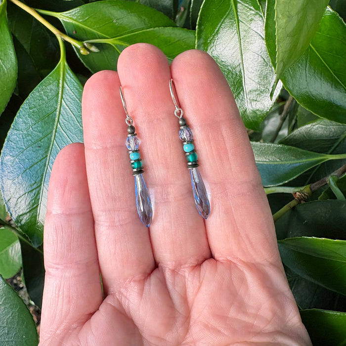 Light sapphire and turquoise antique Czech glass prism drop earrings from Owen Glass Collection, featuring delicate hanging glass prisms.