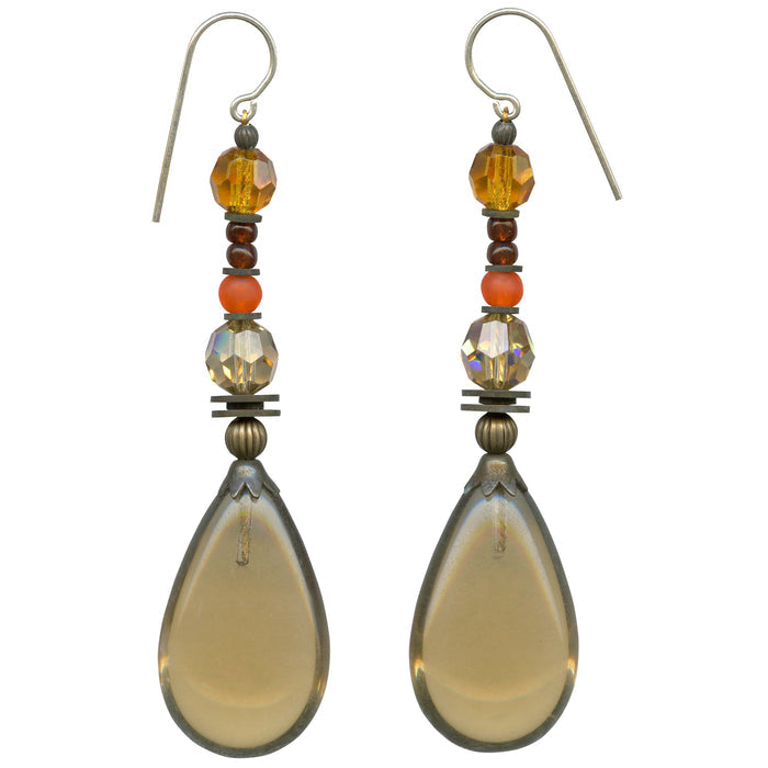 Light smoke topaz Czech glass drop earrings from Owen Glass Collection with elegant teardrop design.