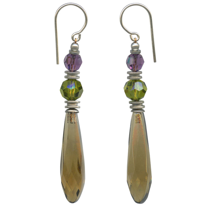 Owen Glass Collection "544" Light Smoke Topaz Chandelier Earrings with multiple glass drops and intricate silver-tone details
