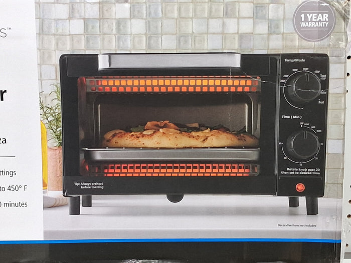 Mainstays 4-Slice Countertop Toaster Oven with 3 Settings, Includes Baking Rack and Pan, Black, New - Brand New