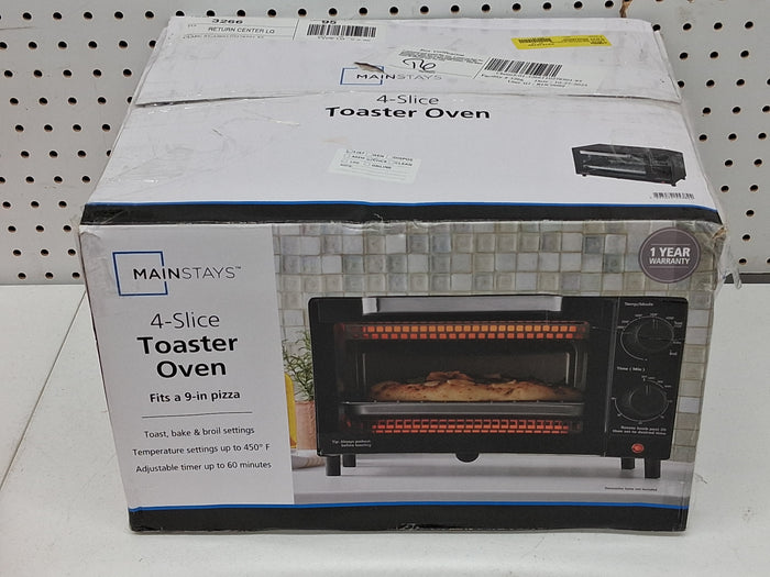 Mainstays 4-Slice Countertop Toaster Oven with 3 Settings, Includes Baking Rack and Pan, Black, New - Brand New