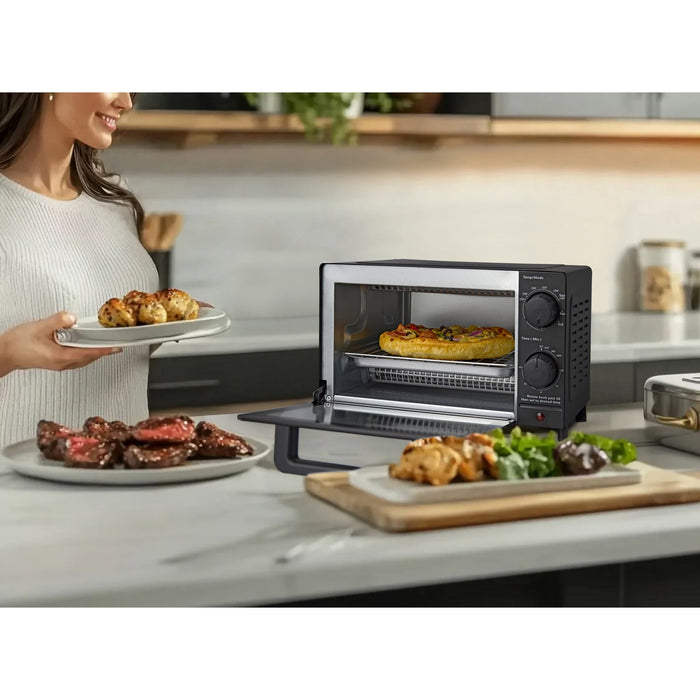 Mainstays 4-Slice Countertop Toaster Oven with 3 Settings, Includes Baking Rack and Pan, Black, New - Brand New