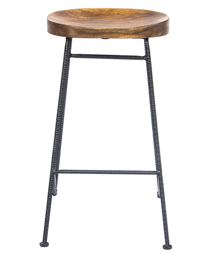 Mango Wood Saddle Seat Bar Stool With Iron Rod Legs - Brand New