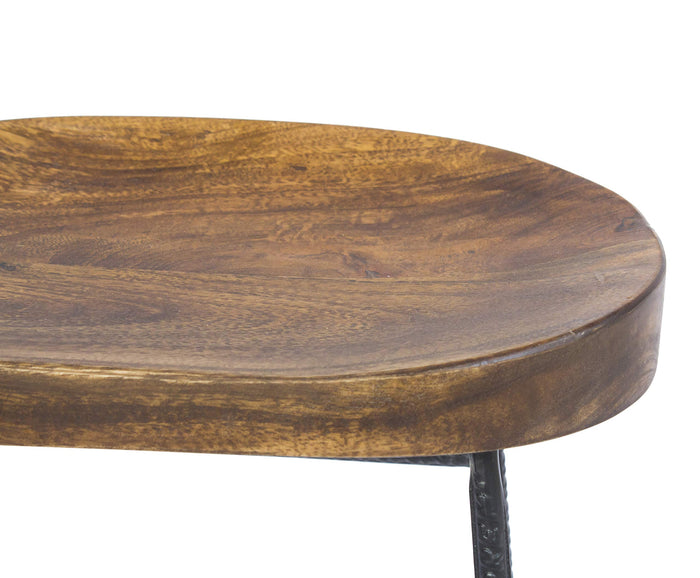 Mango Wood Saddle Seat Bar Stool With Iron Rod Legs - Brand New