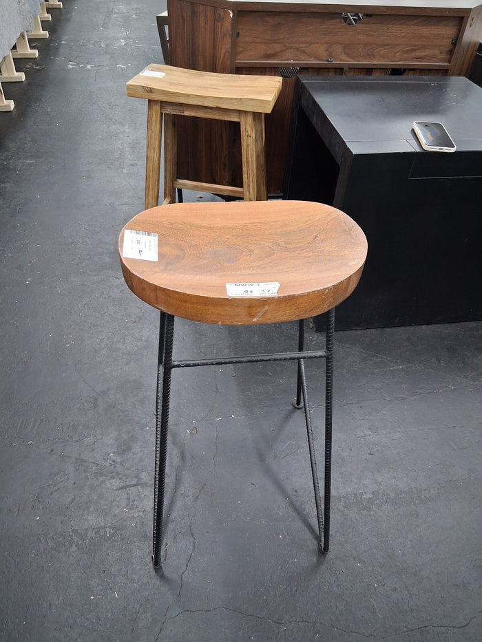 Mango Wood Saddle Seat Bar Stool With Iron Rod Legs - Brand New