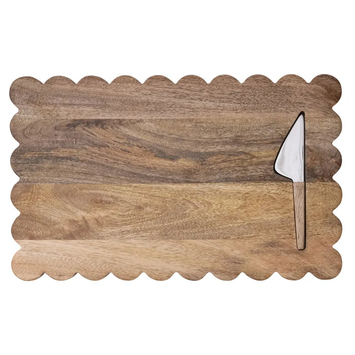 MANGO WOOD SCALLOPED CHEESE BOARD W/CHEESE KNIFE