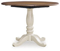 Mellintine Antique White/Brown Round DRM Drop Leaf Table - Brand New