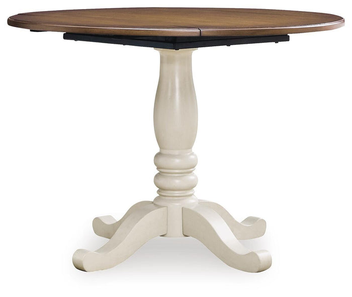 Mellintine Antique White/Brown Round DRM Drop Leaf Table - Brand New
