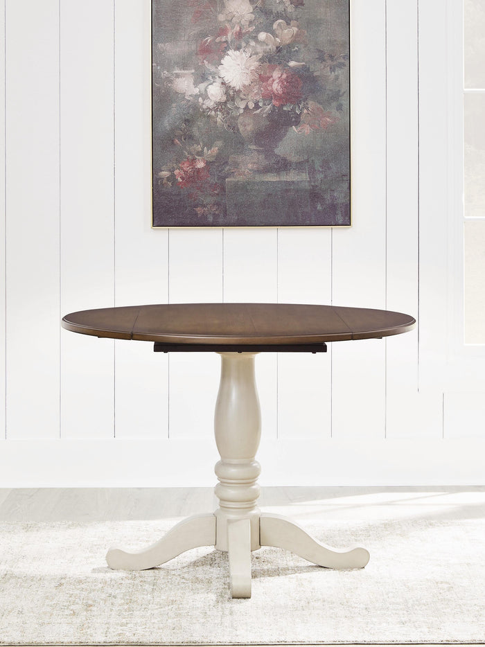Mellintine Antique White/Brown Round DRM Drop Leaf Table - Brand New