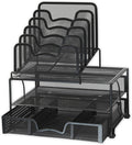 Mesh Desk Organizer with Sliding Drawer, Double Tray and 5 Stacking Sorter Sections