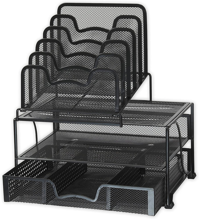 Mesh Desk Organizer with Sliding Drawer, Double Tray and 5 Stacking Sorter Sections