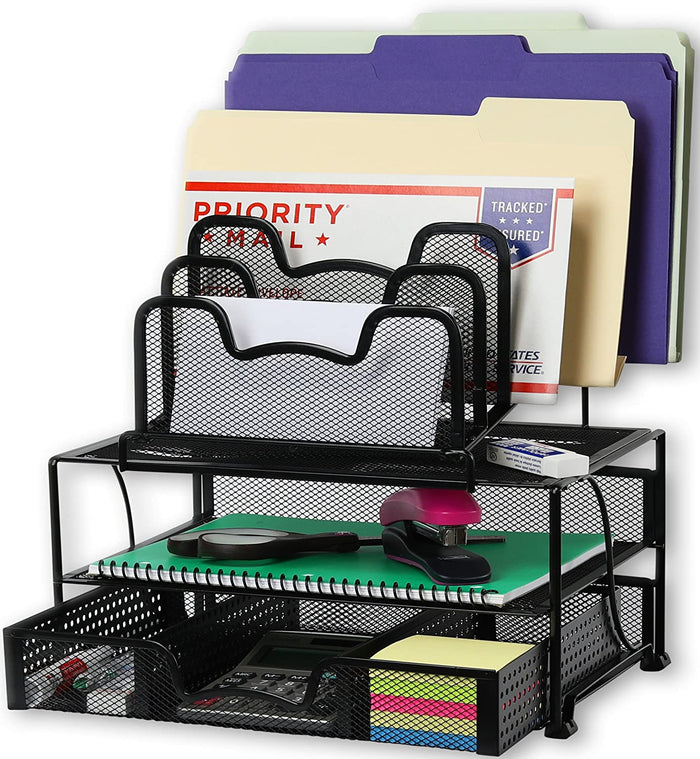 Mesh Desk Organizer with Sliding Drawer, Double Tray and 5 Stacking Sorter Sections