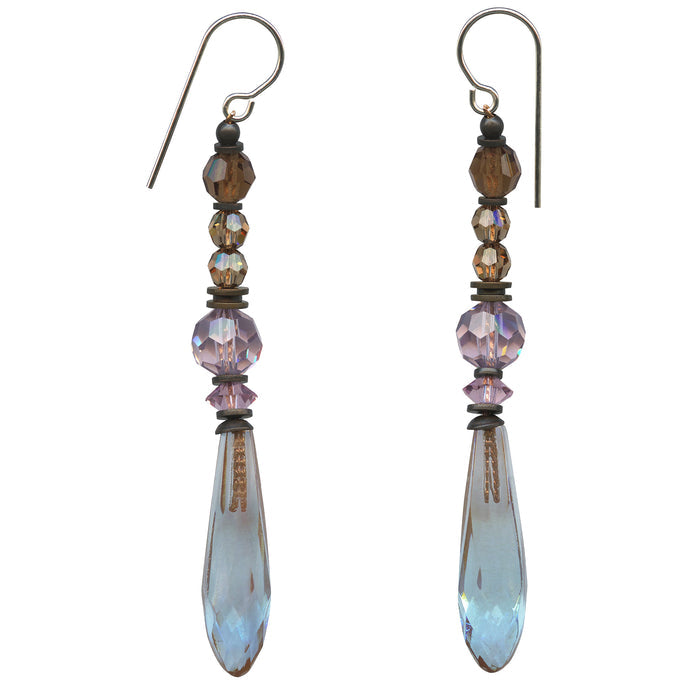 Owen Glass Collection Metro 7 chandelier earrings featuring glass, crystal, and bronze elements with intricate design details.