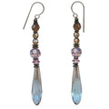 Owen Glass Collection Metro 7 chandelier earrings featuring glass, crystal, and bronze elements with intricate design details.