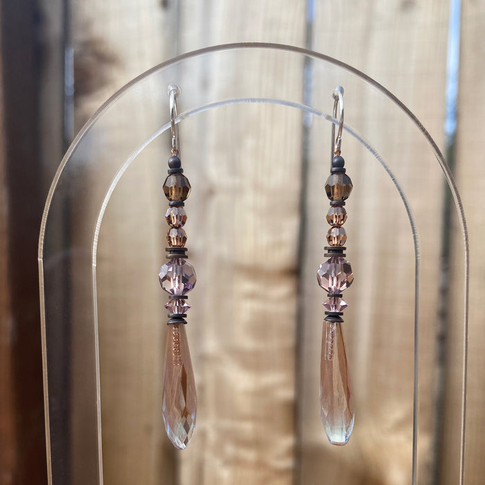 Owen Glass Collection Metro 7 chandelier earrings featuring glass, crystal, and bronze elements with intricate design.