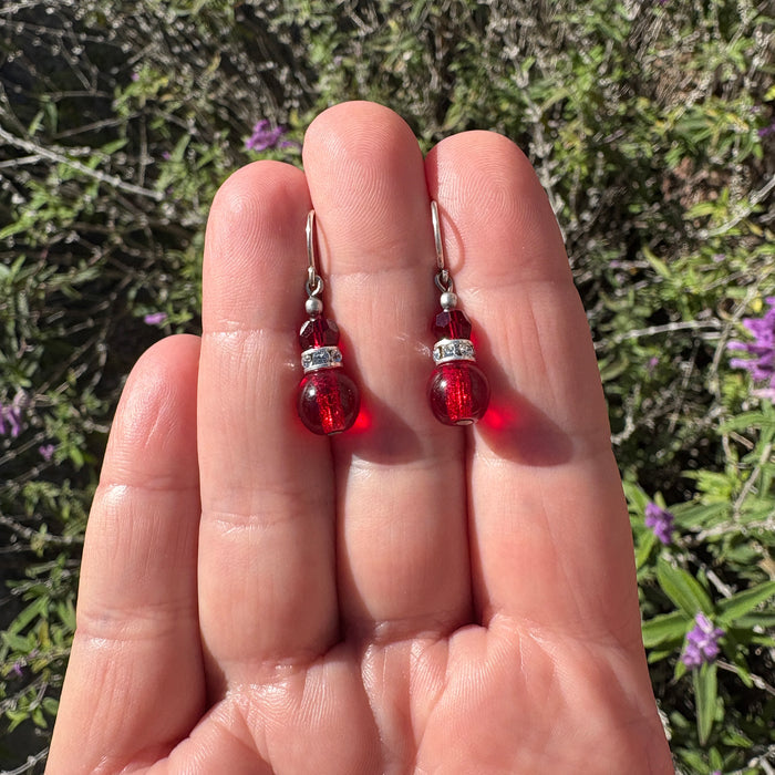 Red beaded earrings with rhinestones from Owen Glass Collection, mini flash 1 style, featuring sparkling details and vibrant design.